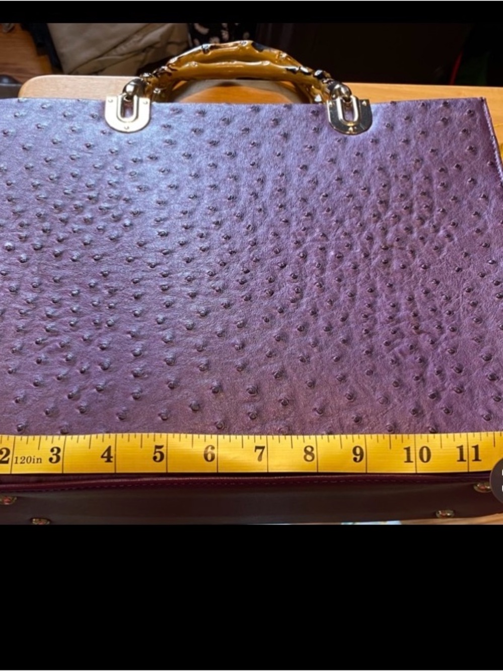 Purple Ostrich-Texture Tote Bag with Gold Accents and Bamboo Handles 13x10x4